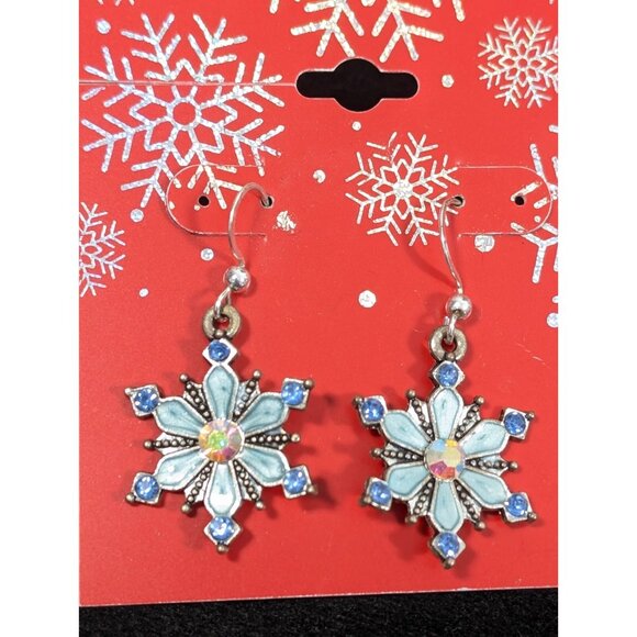 Christmas Winter Snowflake Earrings Blue Aurora Borealis Crystal Dangle Drop - Picture 5 of 8